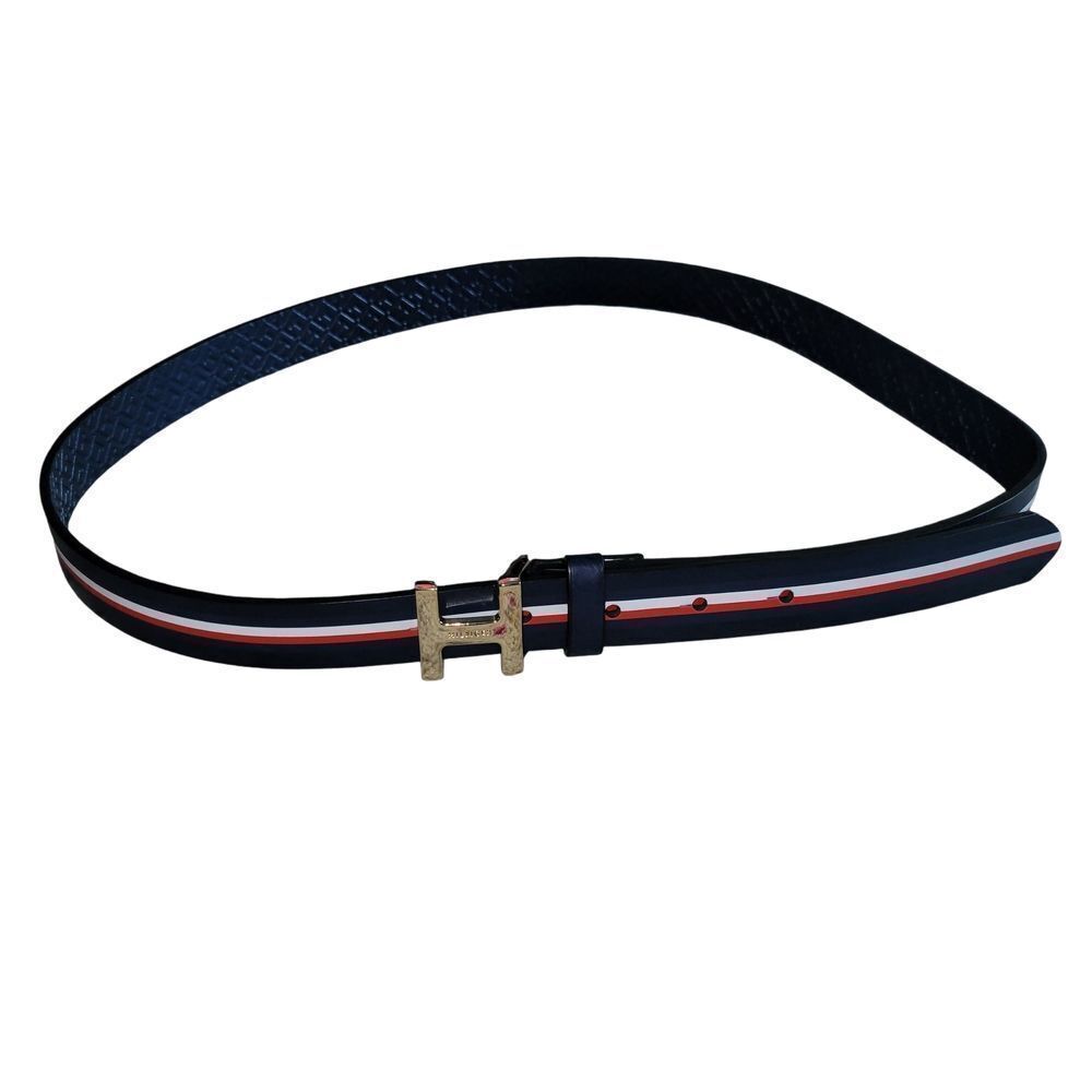 Tommy Hilfiger Navy Belt with Red and White Stripe and Gold H Buckle